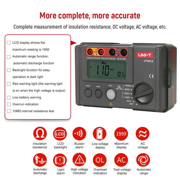 UNI-T Insulation Resistance Tester UT501 UT502 Digital Voltmeter Ohmmeter Megohmmeter Professional Ohm Meter Tester