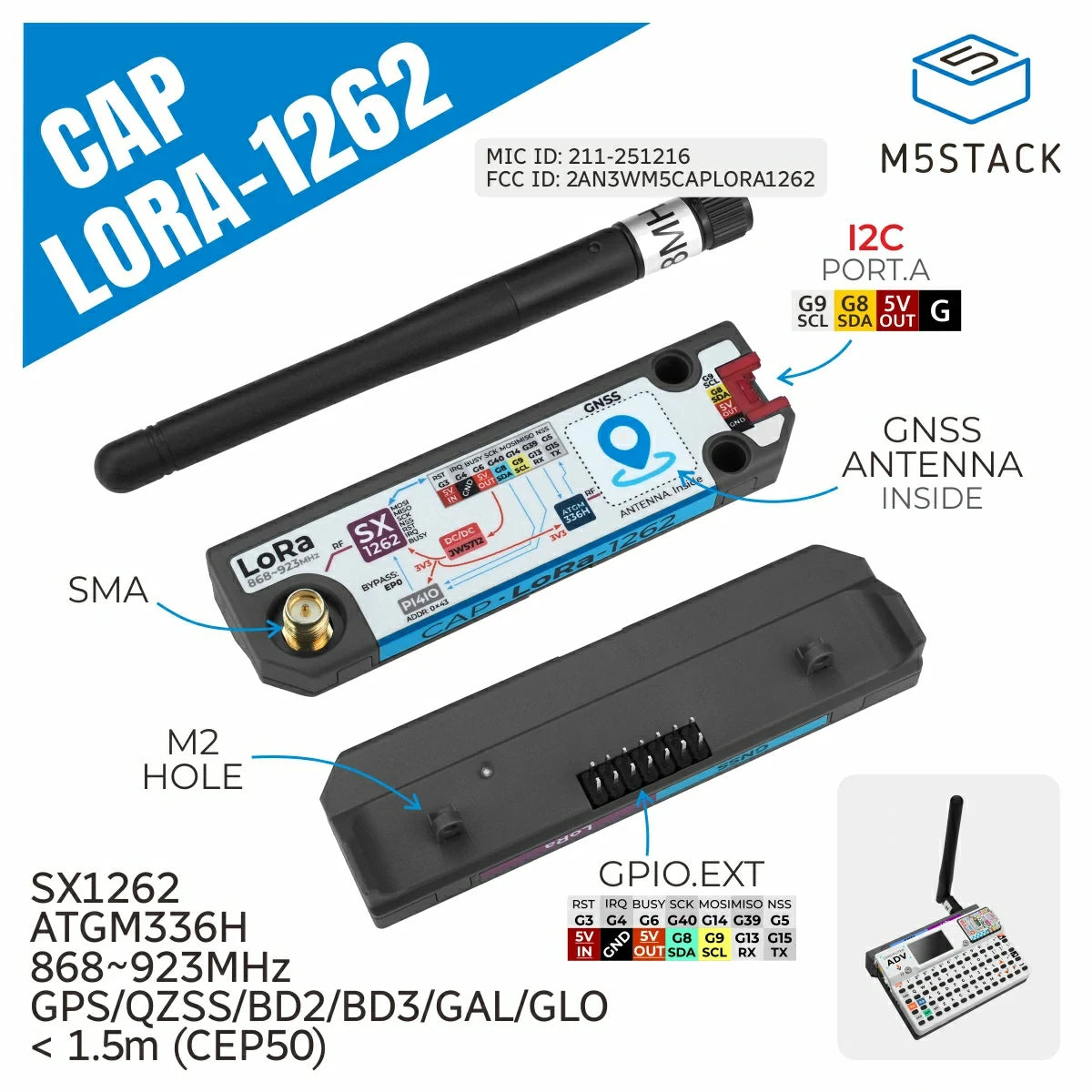 M5Stack Cap LoRa-1262 for Cardputer Adv SX1262 LoRa Module Frequency 868 to 923 MHz SMA detail image 2