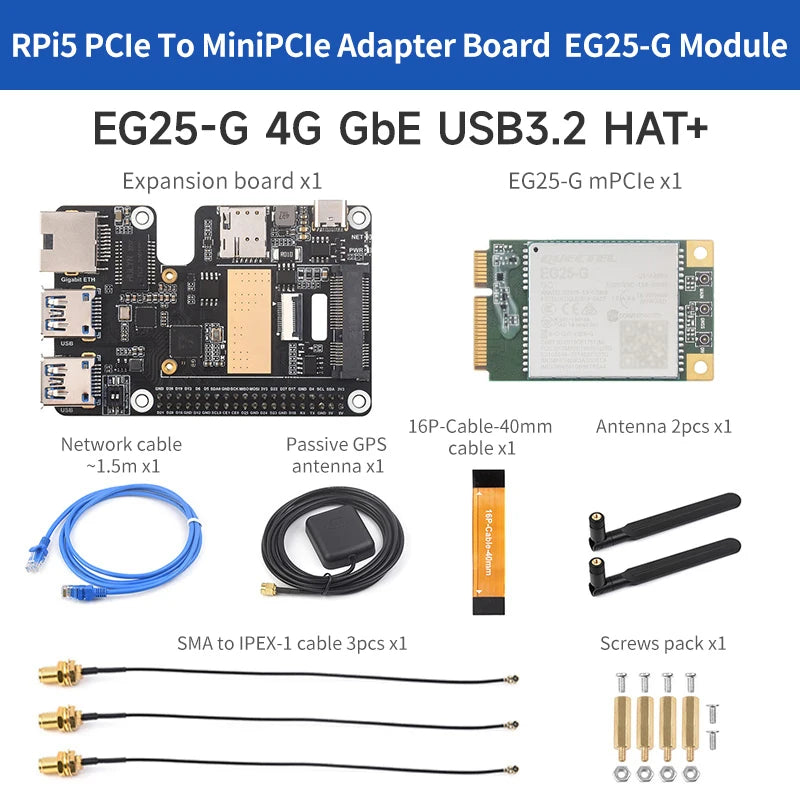PCIe to MiniPCIe / Gigabit Ethernet / USB 3.2 Gen1 HAT for Raspberry Pi 5 Extend 2-Ch USB 3.2 Gen1 1x Gigabit Ethernet Ports