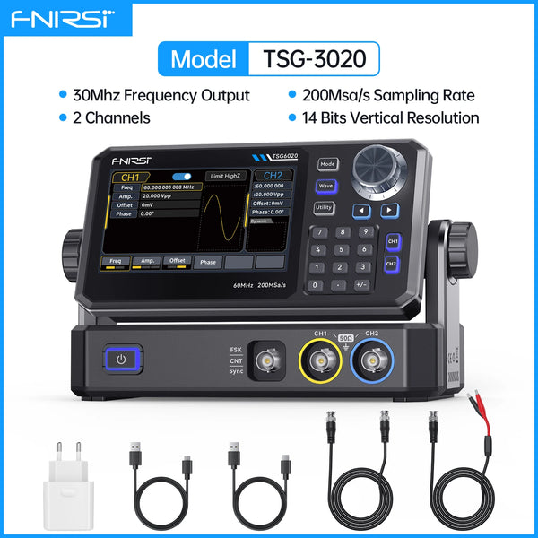 FNIRSI TSG6020 TSG3020 Function Signal Generator 2Ch 60MHz/30MHz 200MSa/s Touchscreen and Type-C Power for Electronics Repair