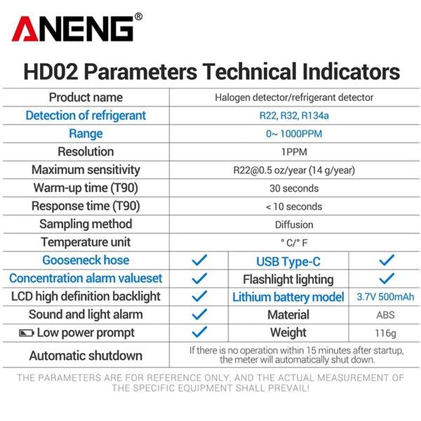 ANENG HD02 Halogen Leak Detector R22/R32/R134a Gas Detector Analyzer Rechargable Refrigerant Gas Air Conditioning Tester Tool