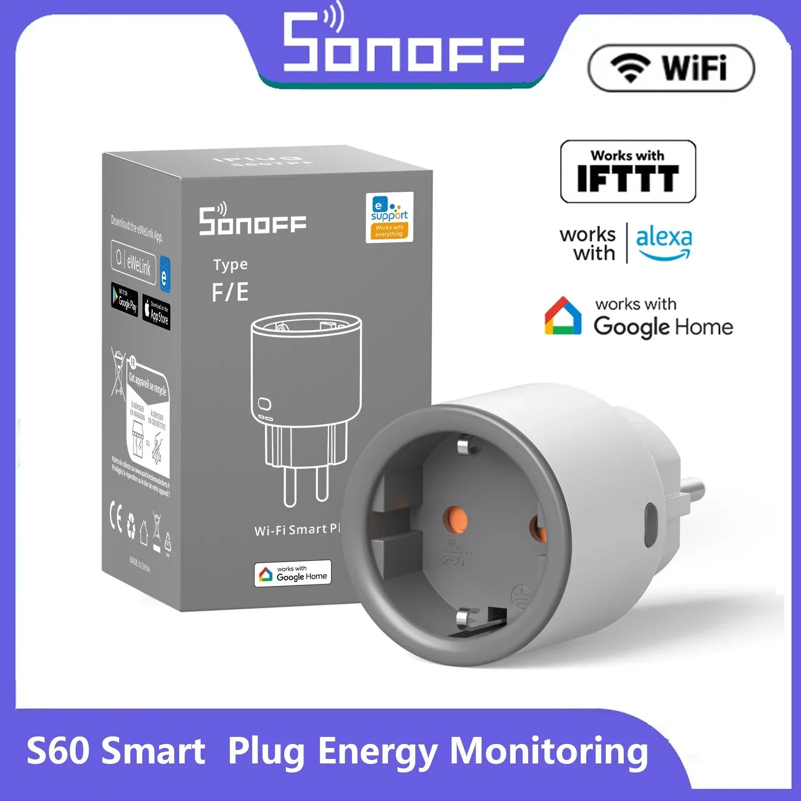 SONOFF S60 EU SONOFF Wifi Socket Wifi Smart Socket Overload Protection Timer Smart Scene Remote Control Via EWeLink Home IFTTT