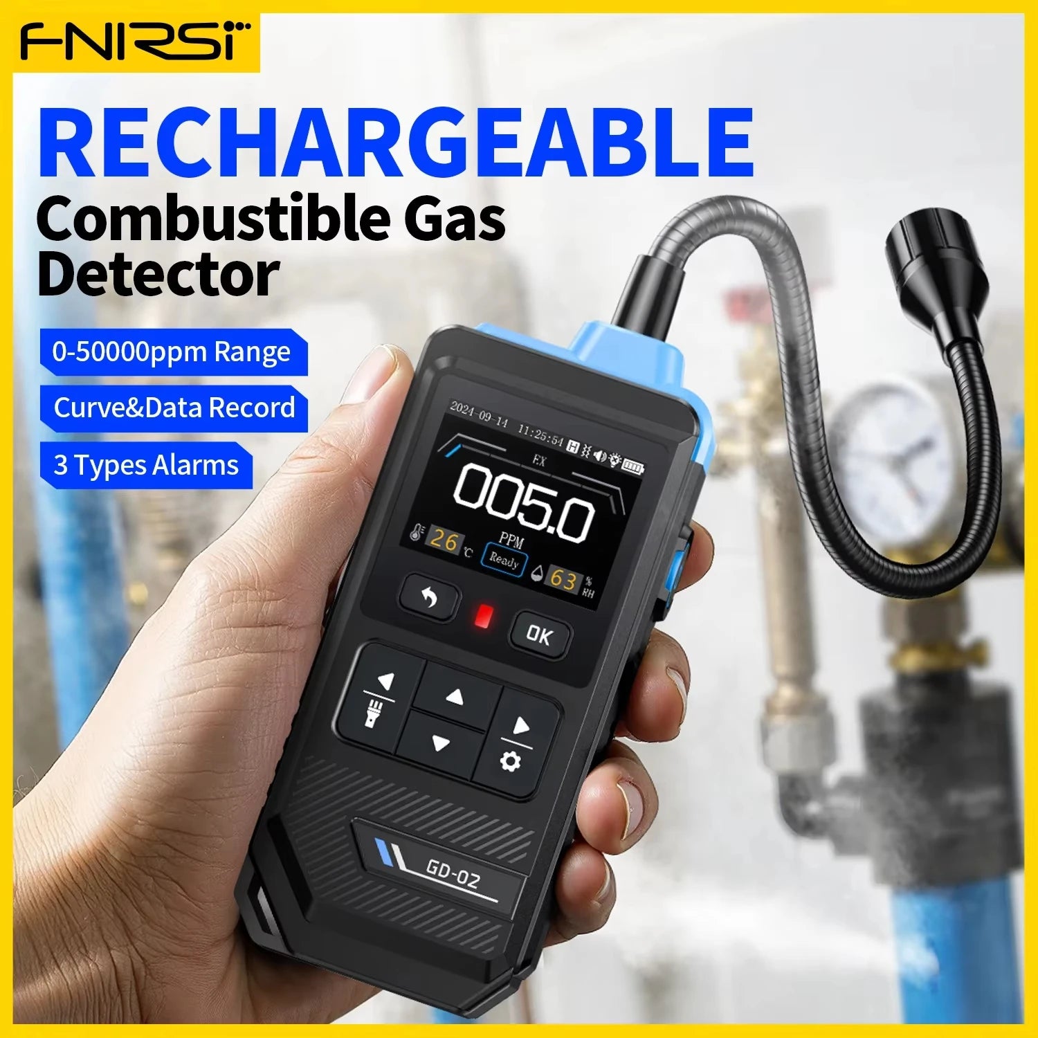 FNIRSI GD-02 Portable Gas Leak Detector 50000PPM Sound & Light Alarm Combustible Natural Methane LPG Leak Detectio Gas Detector