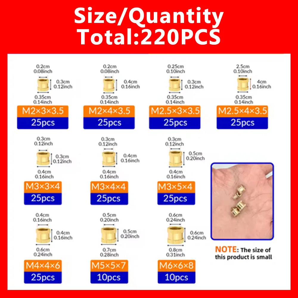 220PCS/1 SetM2 M2.5 M3 M4 M5 M6 Brass Heat Insert Nut Hot Melt Nutinsert Thread Knurled Double Twill Embedment Nuts