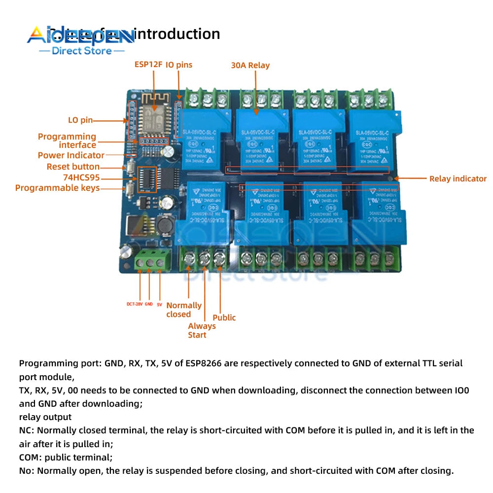 ESP8266 ESP-12F Development Board 8 Channels DC 7-28/5V 30A WiFi Relay Module for DIY Smart detail image 3