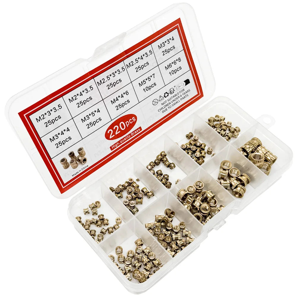 220PCS/1 SetM2 M2.5 M3 M4 M5 M6 Brass Heat Insert Nut Hot Melt Nutinsert Thread Knurled Double Twill Embedment Nuts