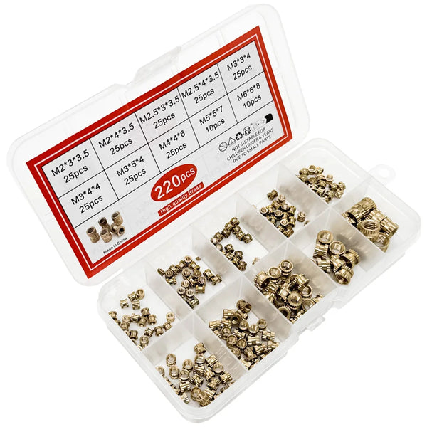 220PCS/1 SetM2 M2.5 M3 M4 M5 M6 Brass Heat Insert Nut Hot Melt Nutinsert Thread Knurled Double Twill Embedment Nuts