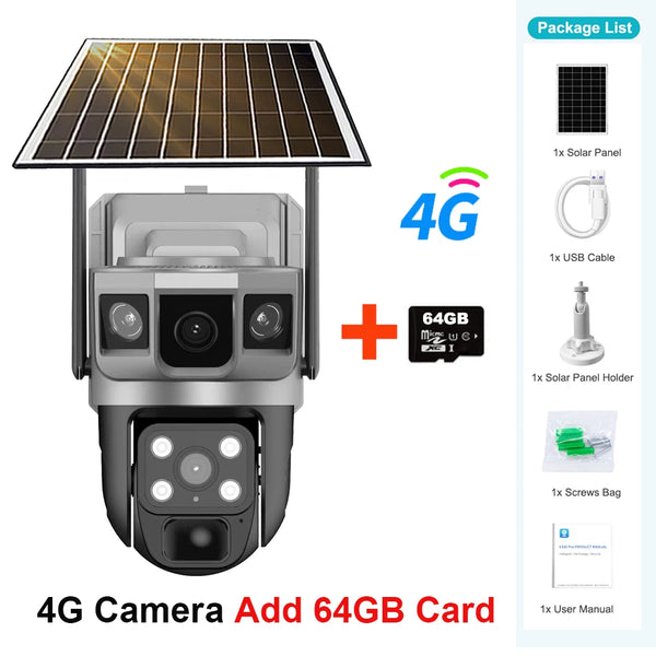 V380 Pro Solar Camera 4G Sim Outdoor Dual Lens Three Screens Webcam PIR Human Detect CCTV Security Video Battery PTZ IP Camara