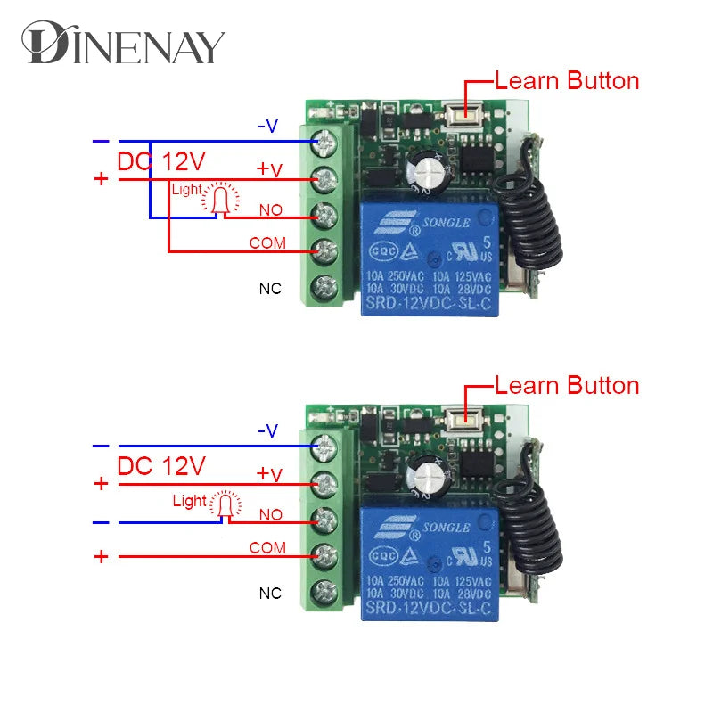 Control remoto inalámbrico de 433 MHz EV1527, transmisor de código de aprendizaje, 2 botones, receptor de relé RF de 12 V CC y 10 A