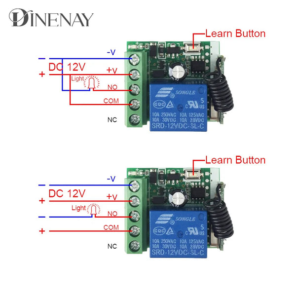 Control remoto inalámbrico de 433 MHz EV1527, transmisor de código de aprendizaje, 2 botones, receptor de relé RF de 12 V CC y 10 A