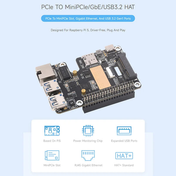 PCIe to MiniPCIe / Gigabit Ethernet / USB 3.2 Gen1 HAT for Raspberry Pi 5 Extend 2-Ch USB 3.2 Gen1 1x Gigabit Ethernet Ports