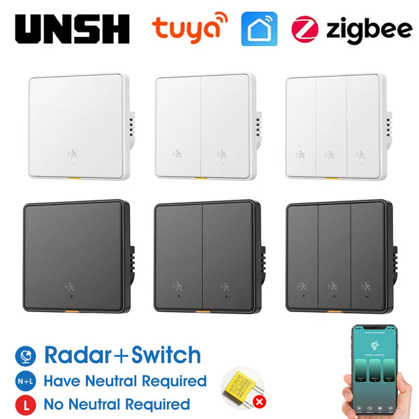 Tuya ZigBee 3.0 Smart Light Switch with 6M Radar Human Motion Detection Alarm Sensor No/Need Neutral Wire  Switch