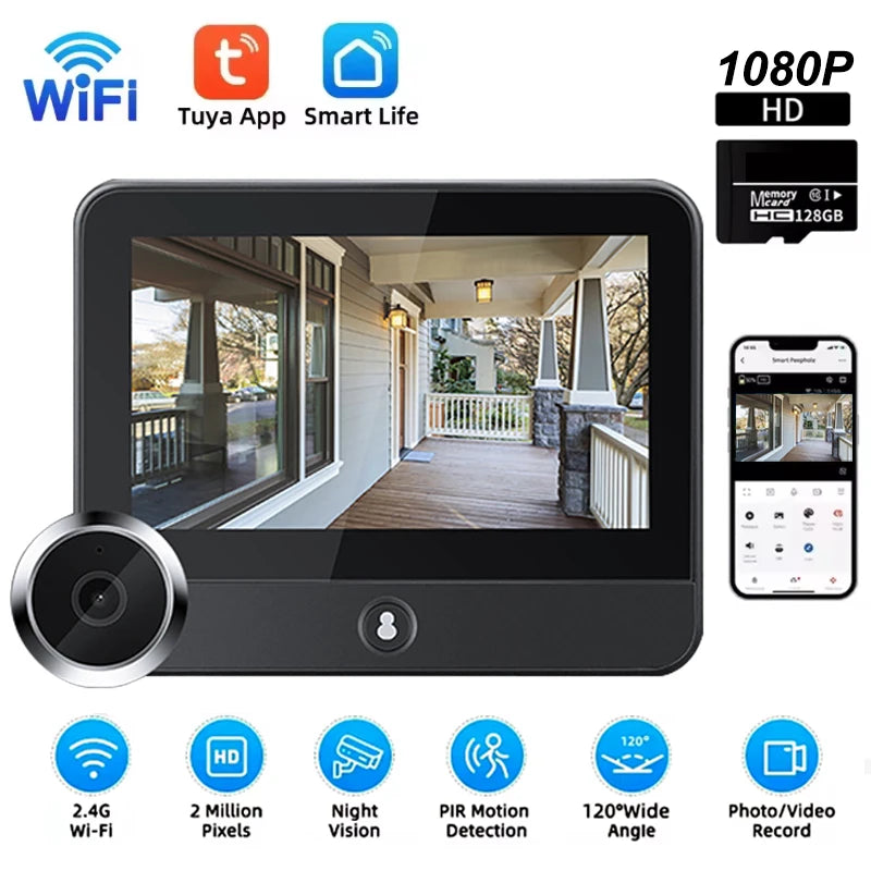 Tuya Wireless Radar Doorbell WiFi Door Peepholes 1080P Camera PIR Motion Detection Night Vision 4.3Inch Video Door Bell For Home