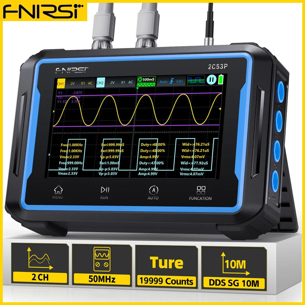 FNIRSI 2C53P Digital Oscilloscope 3in1 Touch Screen Multimeter Signal Source 2 Channel 50MHz 250Ms/S 19999 Counts