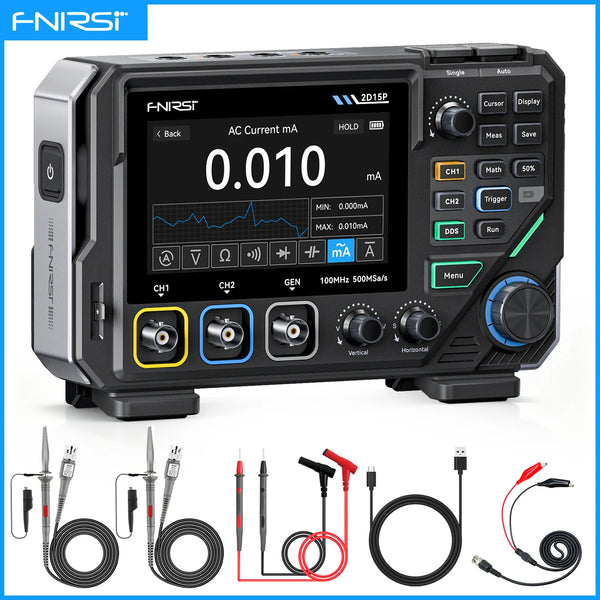 FNIRSI 2D15P Digital Oscilloscope Multimeter Signal Generator 3IN1 Touch Screen 2Channel 100MHz Bandwidth 500MSa/s 20000 Counts
