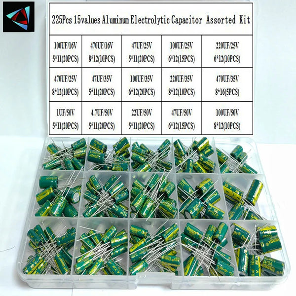 225Pcs/Box Capacitor Kit DIP Aluminum Electrolytic Capacitors Set 15Values 16V-50V 1uF-470uF Assorted Kit Storage Low