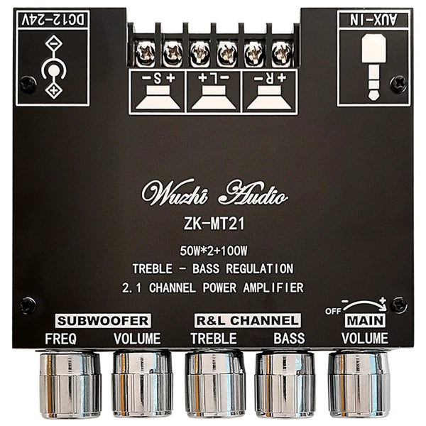 MT21 Placa amplificadora de subwoofer Bluetooth 5.0 de 2.1 canales, 50W x 2 + 100W, amplificador de audio estéreo, amplificador de graves, AUX.