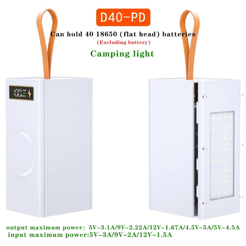 40*18650 DIY Power Bank Case Batteries Power Box Regular/PD Camping light Version Power Bank Shell  Batteries Power Shell
