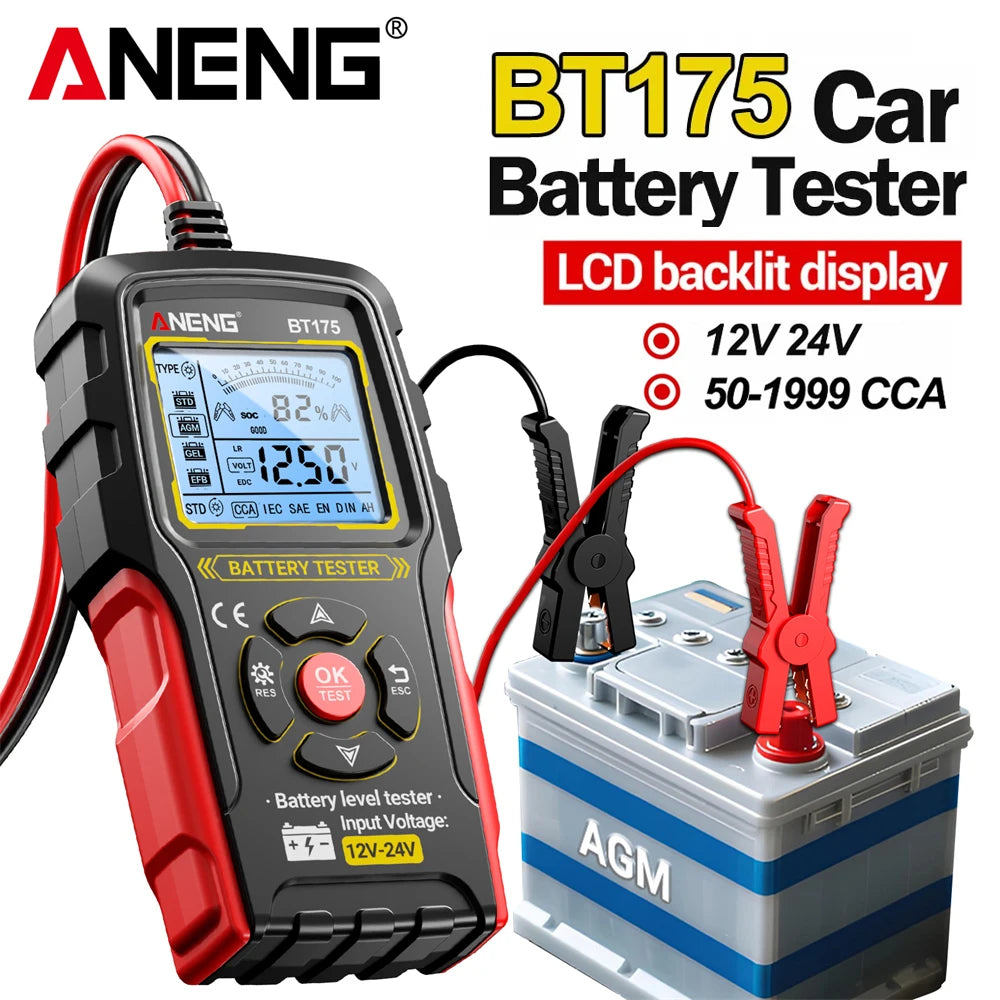 ANENG BT175 12V 24V Car Battery Tester Digital Alternator Automotive Analyzer Display Screen With Insulated Alligator Clip Tools