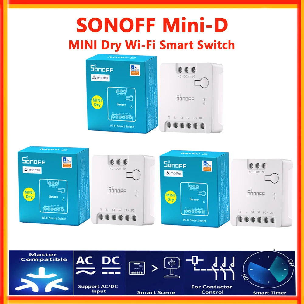 SONOFF MINI-D MINI Dry WiFi Smart Switch Dry Contact AC/DC Matter Switch For Garage Door Work with Alexa Google Home Homekit