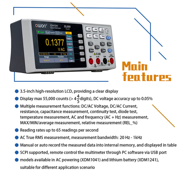 OWON XDM1041/XDM1241 4 1/2 Digital Multimeter Portable Bench LCD Multimeter True RMS AC/DC Current Voltage USB Tester Meter