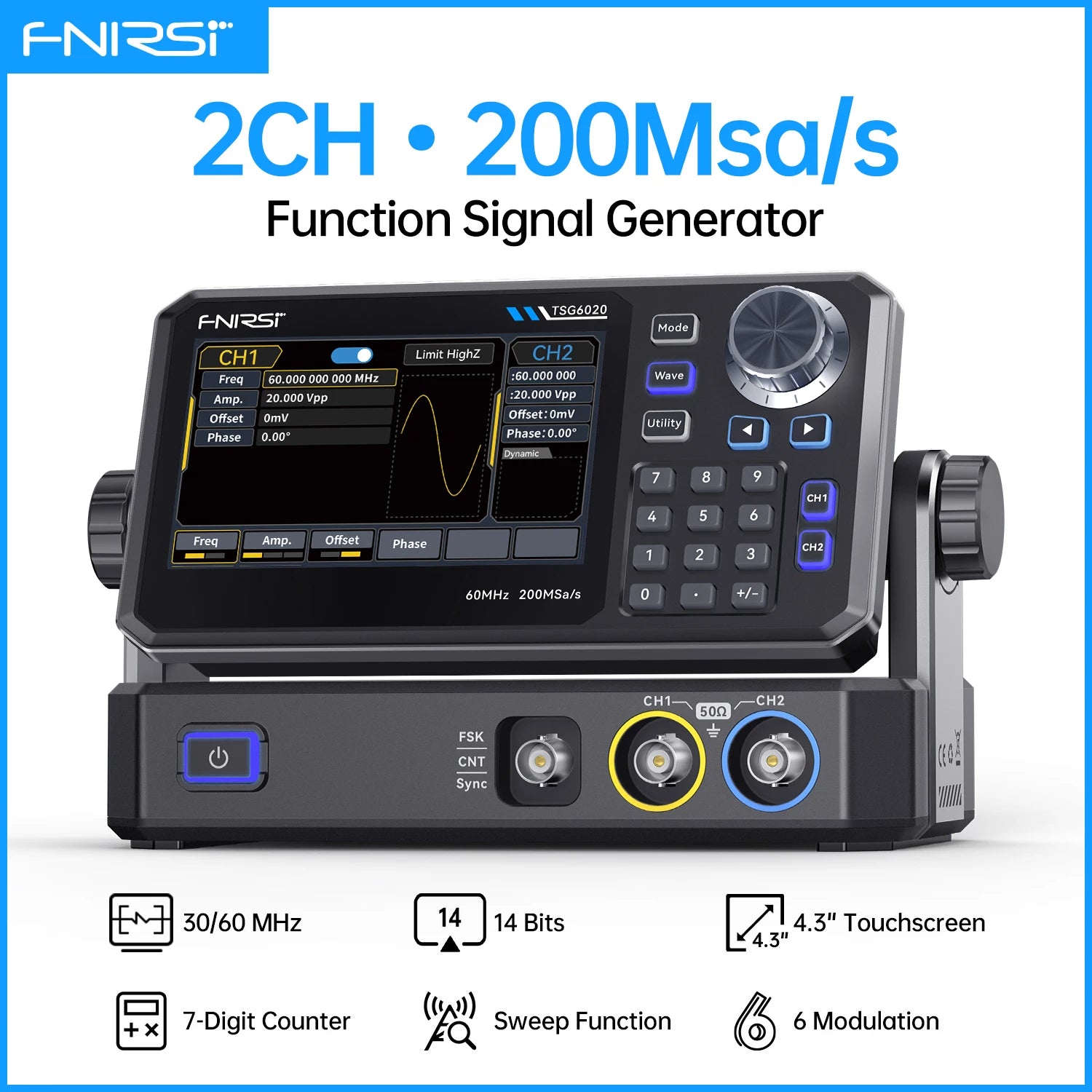 FNIRSI TSG6020 TSG3020 Function Signal Generator 2Ch 60MHz/30MHz 200MSa/s Touchscreen and Type-C Power for Electronics Repair