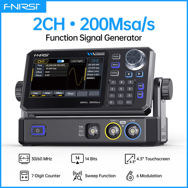 FNIRSI TSG6020 TSG3020 Function Signal Generator 2Ch 60MHz/30MHz 200MSa/s Touchscreen and Type-C Power for Electronics Repair