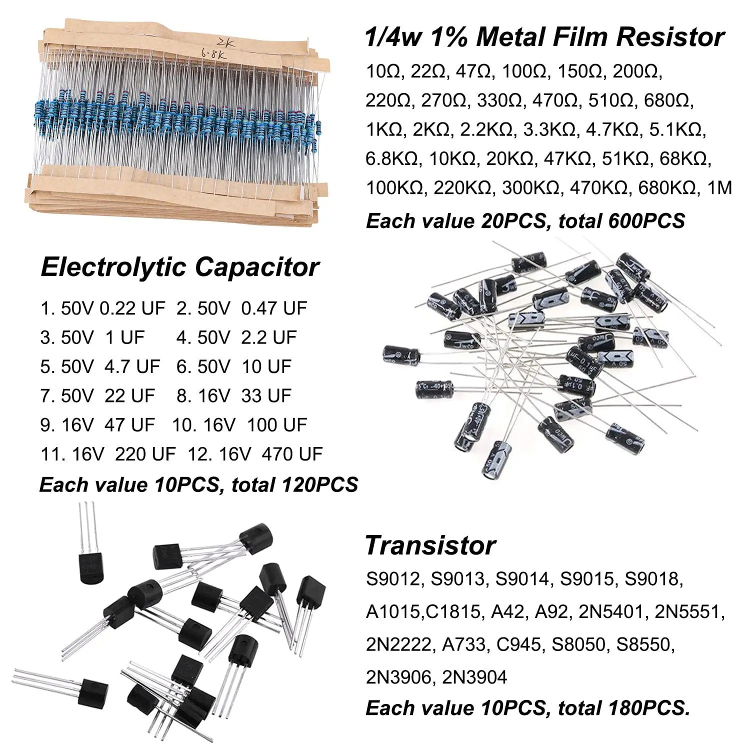 1500Pcs Electronic Components Starter Kit Resistor Capacitor LED Diode Transistor Assortment Pack for DIY Arduino