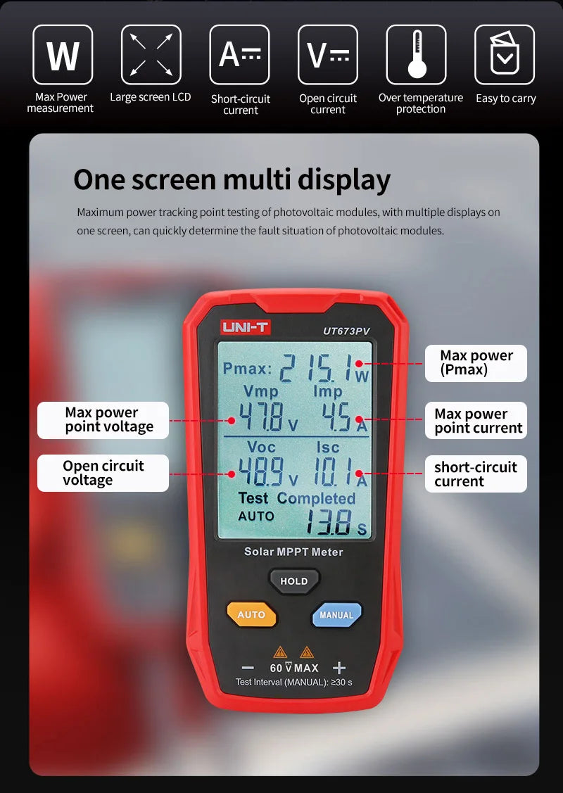 UNI-T UT673PV Solar MPPT Meter Maximum Power Tester Photovoltaic Panels Tracker Peak Open Circuit Voltage Pmax Lmp Voc Lsc Test