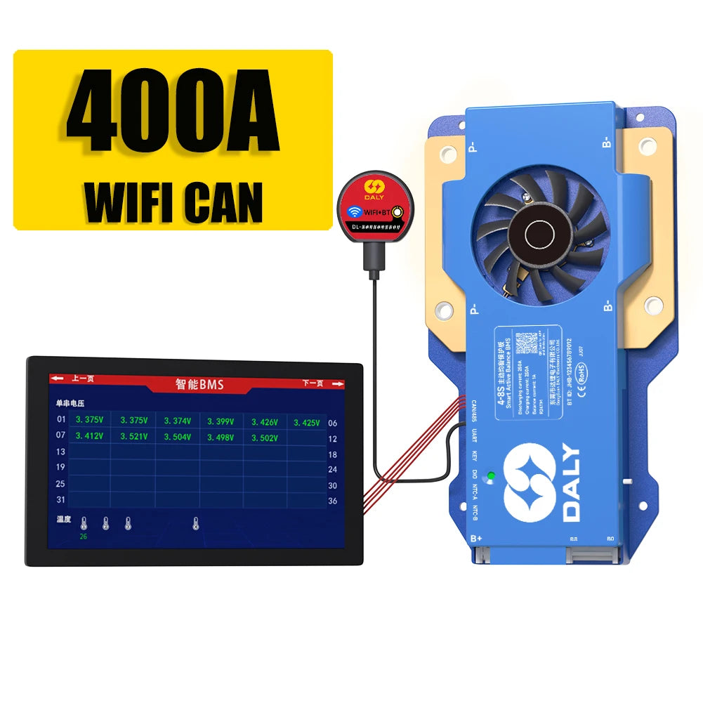 Daly BMS WiFi Active BMS 250 amperios for Lifepo4 4S 8S 24S 100A 150A 200A 500A Active Balance 1A Built-in BT 7S 24V 12V 48V