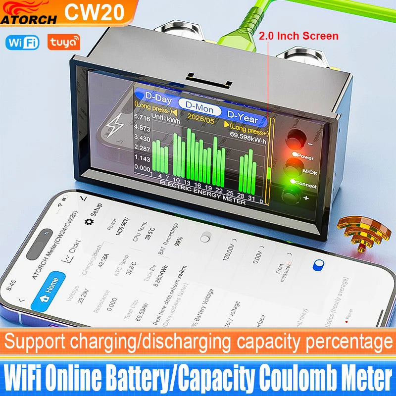 CW20 DC0-420V WiFi Tuya Smart Digital Lithium Battery Capacity Detection Tester DC Display  Voltage Current Power Coulomb Meter