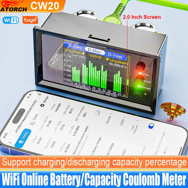 CW20 DC0-420V WiFi Tuya Smart Digital Lithium Battery Capacity Detection Tester DC Display  Voltage Current Power Coulomb Meter