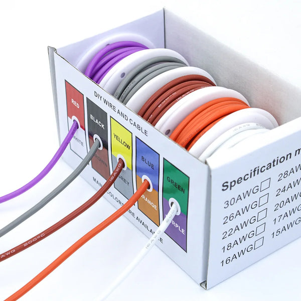 Heat Resistant Soft Silicone Wire 5 Colors in A Box Kit 30/28/26/24/22/20/18AWG Stranded Cable Electrical Tinned Copper Wire