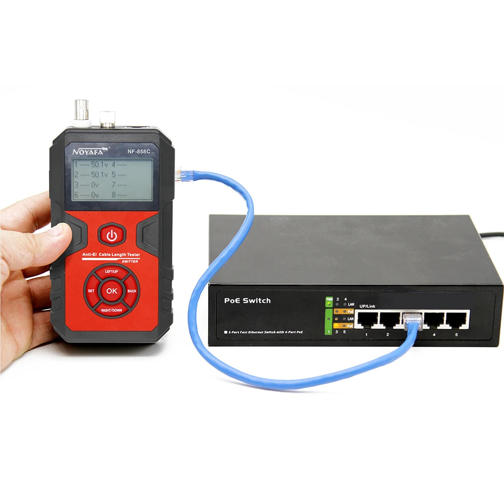 Tester per cavi di rete NOYAFA NF-858C, localizzatore di linee POE BNC, test con luce rossa lampeggiante, misurazione della lunghezza del cavo.