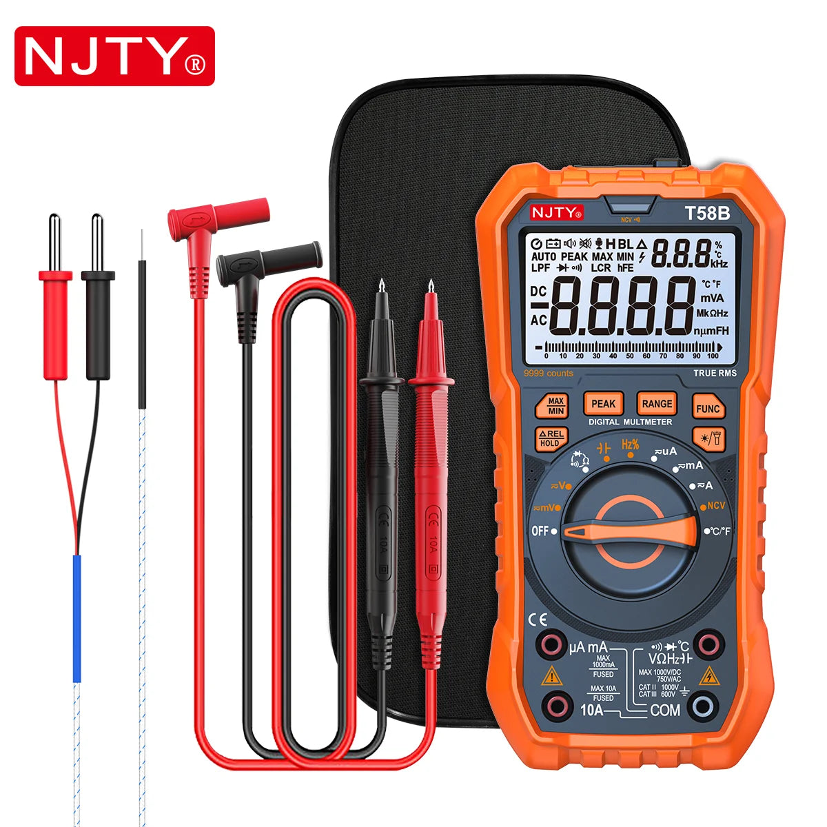NJTY T58B T58C Inductance Digital Multimeter AUTO Range 9999 Counts  Voltage Current Capacitance LED Smart Backlit Large Screen