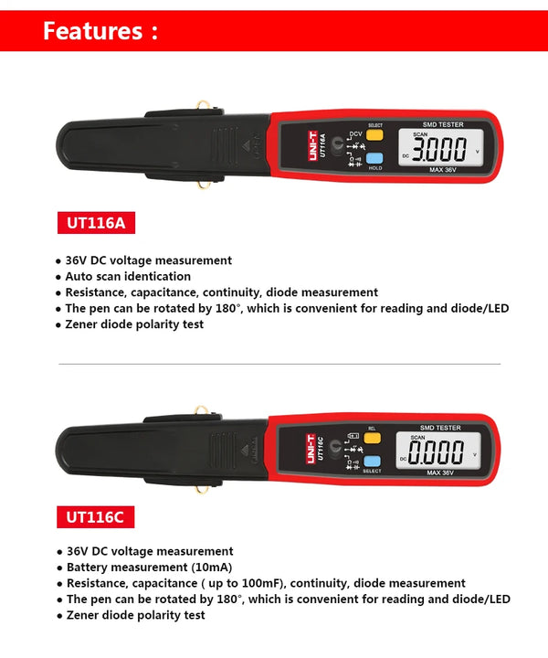 UNI-T UT116A UT116C SMD Multimeter Tester 36V Voltage Meter Resistance Capacitance Zener Diode Continuity Battery Tester