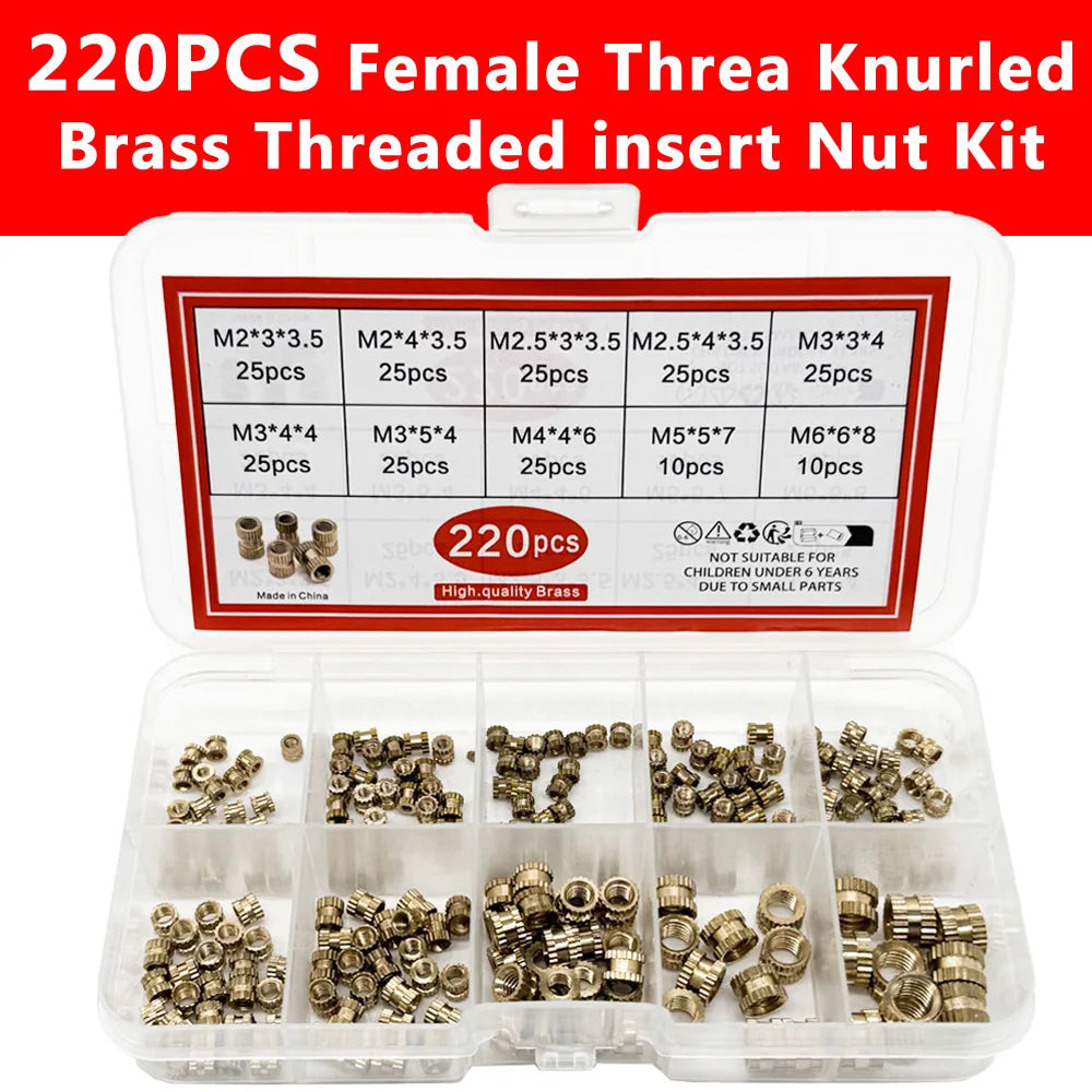 220PCS/1 SetM2 M2.5 M3 M4 M5 M6 Brass Heat Insert Nut Hot Melt Nutinsert Thread Knurled Double Twill Embedment Nuts