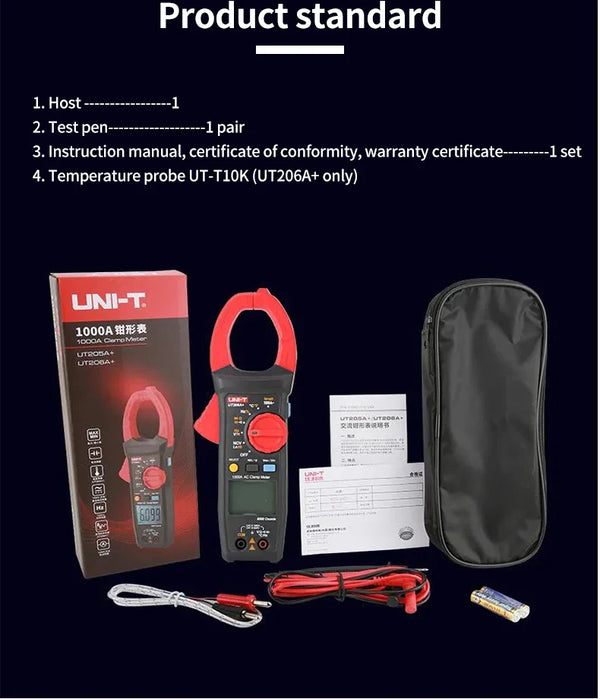 UNI-T UT205A+ UT206A+ Digital Clamp Meter 1000V AC DC Current Pliers Clamps Voltage Tester Ammeter Resistance Temperature Test