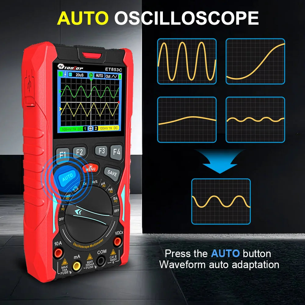 TOOLTOP ET853C 70Mhz 2CH Portable Digital Oscilloscope 20000 Counts Digital Multimeter Signal Generator 3in1 Car Repair Tools