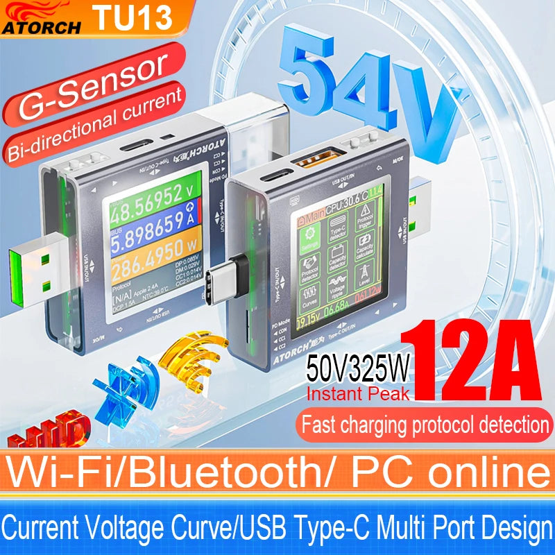 TU13 48V Type-C PD3.0 Fast charging Protocol USB Tester Voltmeter Meter Mobile Phone Charger Capacity Monitor Scalable Features