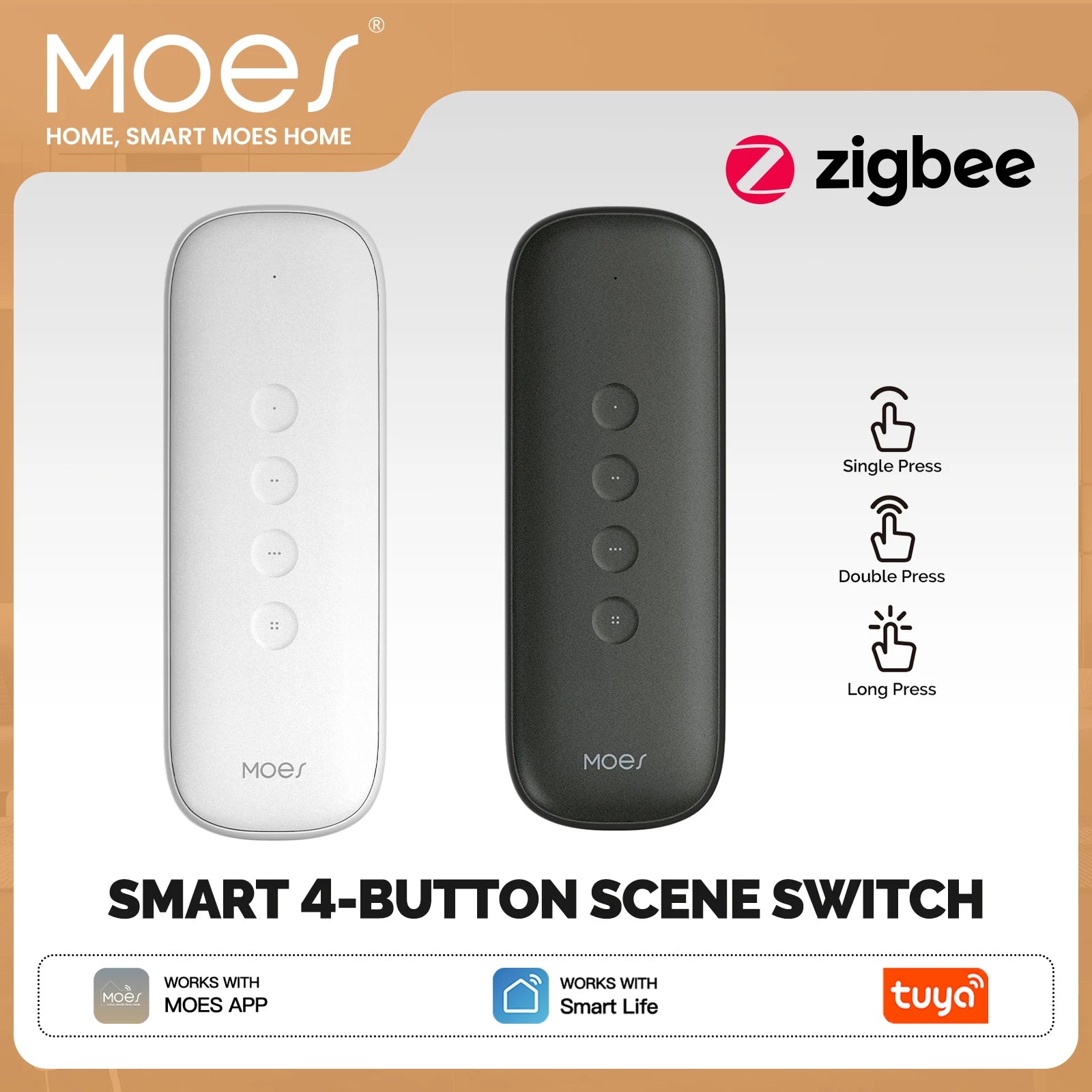 MOES Tuya ZigBee Smart Scene Switch 4-Button Portable Wireless Lightweight Design 12 Scenario Remote Control Battery Powered