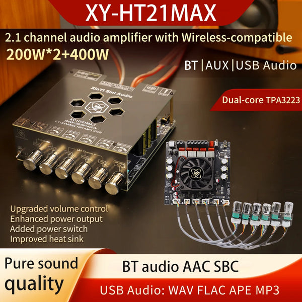 Módulo de audio Hi-Fi con control de graves/agudos, placa amplificadora Bluetooth de 2.1 canales XY-HT21MAX, alimentación de CC de 12-42 V, chip TPA3223, 200 W*2 + 400 W.