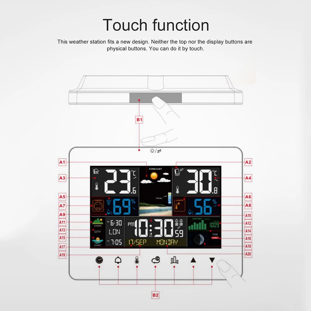 Sunrise and Sunset Weather Station Multi-function Alarm Clock Thermometer Hygrometer Touch Screen Operation with Wireless Sensor
