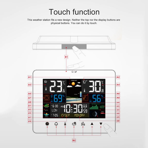 Sunrise and Sunset Weather Station Multi-function Alarm Clock Thermometer Hygrometer Touch Screen Operation with Wireless Sensor