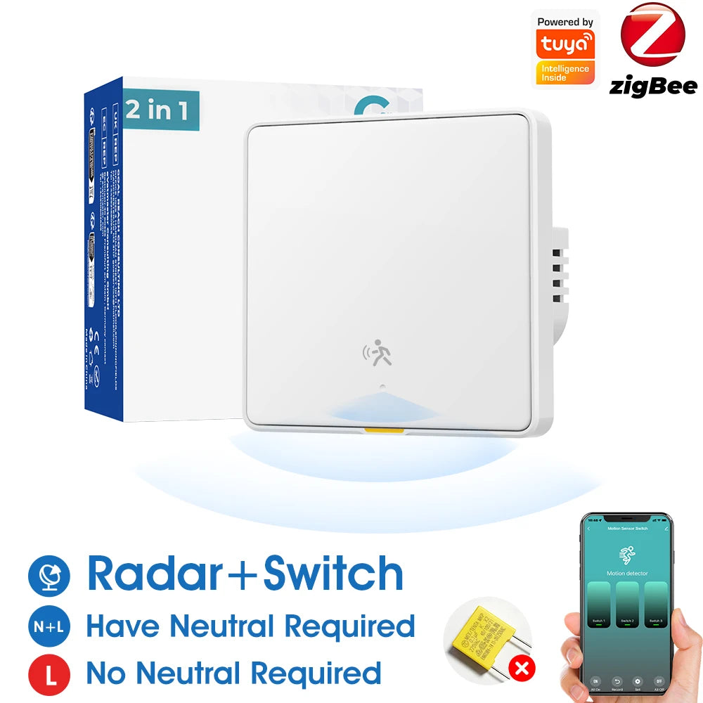 Tuya ZigBee 3.0 Smart Light Switch with 6M Radar Human Motion Detection Alarm Sensor No/Need Neutral Wire  Switch