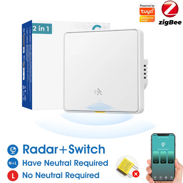 Tuya ZigBee 3.0 Smart Light Switch with 6M Radar Human Motion Detection Alarm Sensor No/Need Neutral Wire  Switch
