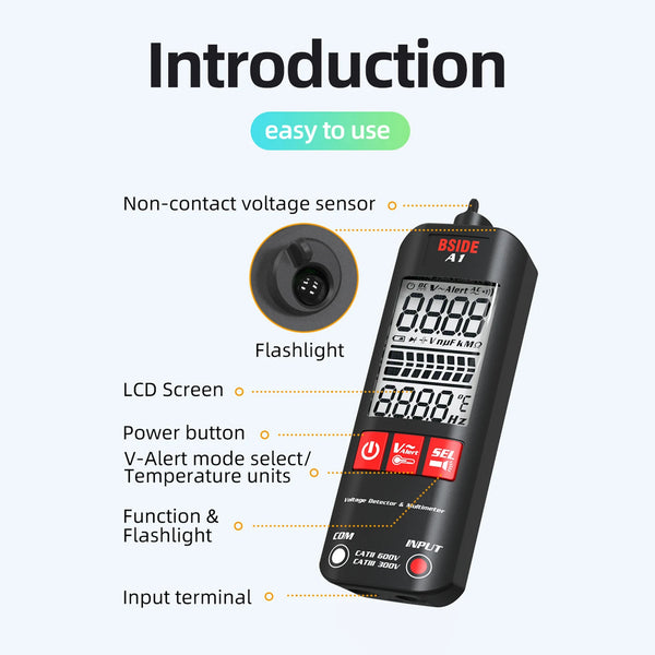 BSIDE A1 2000 Counts Multimeter LCD Digital Tester Voltage Detector DC/AC Voltage Frequency Resistance NCV True RMS Meter