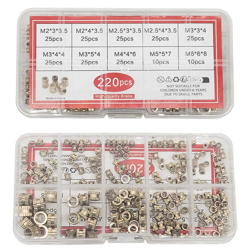 220PCS/1 SetM2 M2.5 M3 M4 M5 M6 Brass Heat Insert Nut Hot Melt Nutinsert Thread Knurled Double Twill Embedment Nuts