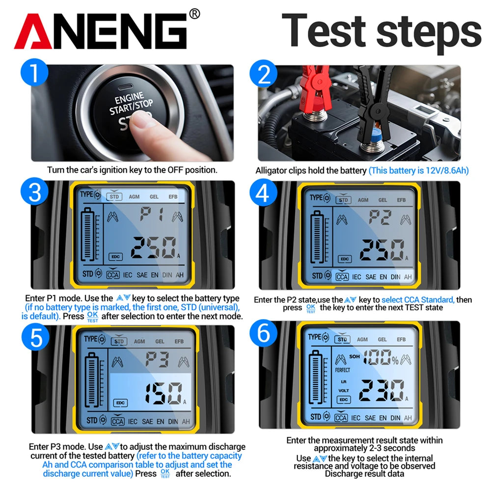 ANENG BT175 12V 24V Car Battery Tester Digital Alternator Automotive Analyzer Display Screen With Insulated Alligator Clip Tools