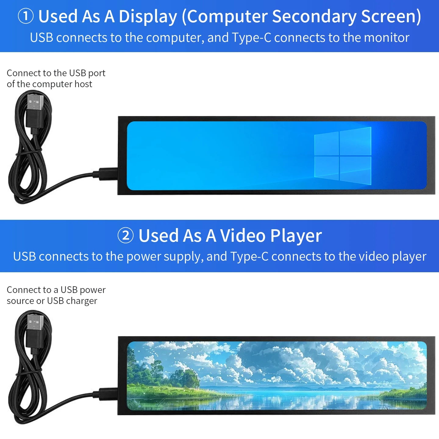 11.26 Inch USB Type-C Secondary Screen IPS 1920x440 Display Video Player Electronic Photo Album 170 ° Wide View Monitor for PC